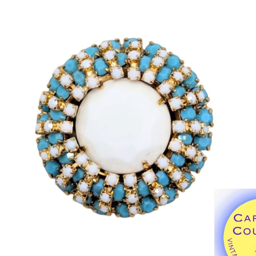Vintage 1960s Signed Castlecliff Round White & Faux-Turquoise Rhinestone Brooch